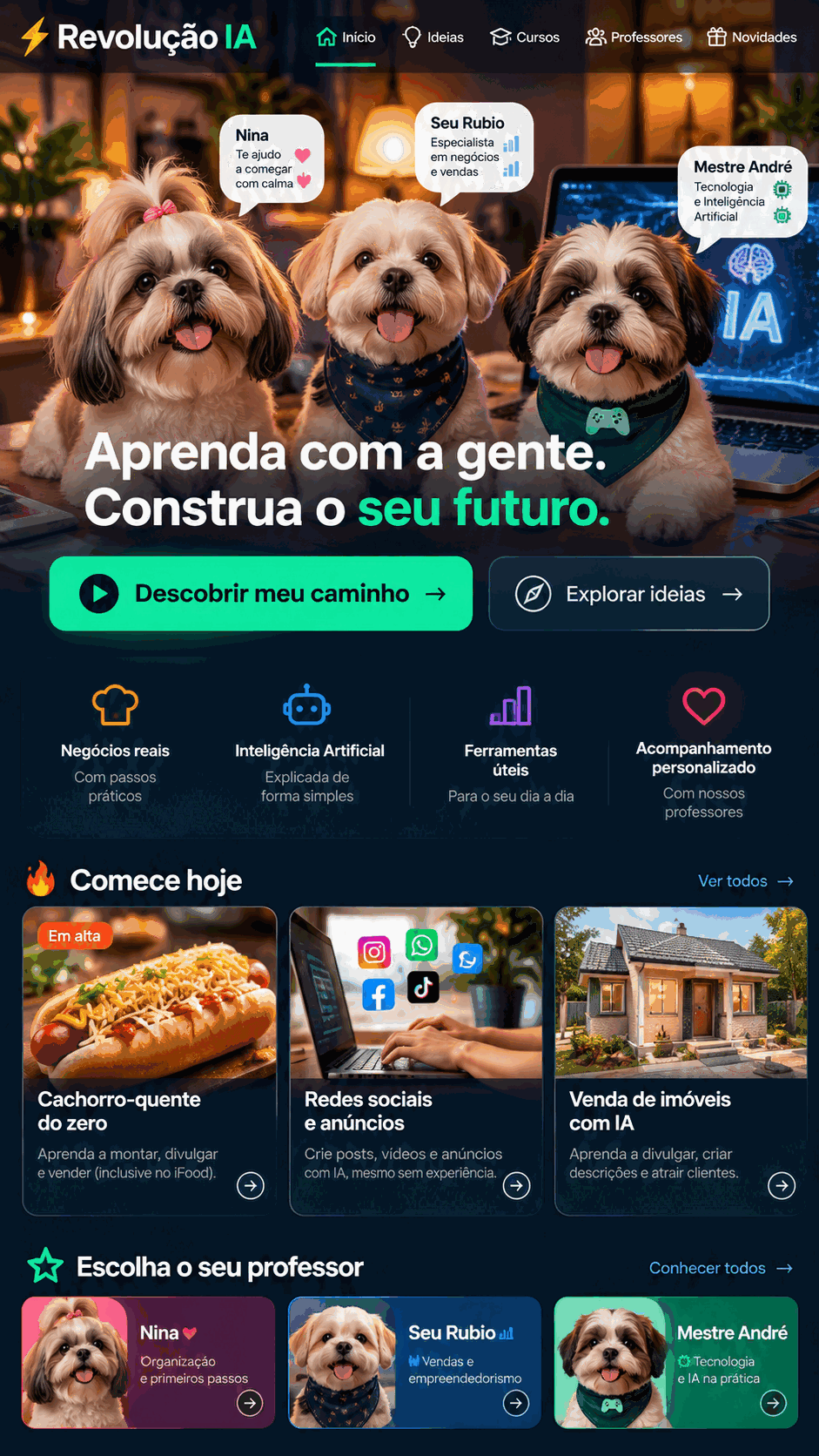 Ilustração da Revolução IA com Nina, Seu Rubio e Mestre André e ideias para empreender